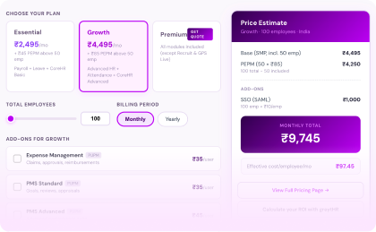 greytHR price calculator preview showing plans, employee count slider, and add-ons selection